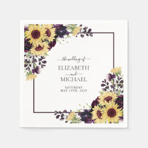 Plum Purple Sunflower Watercolor Wedding Napkins