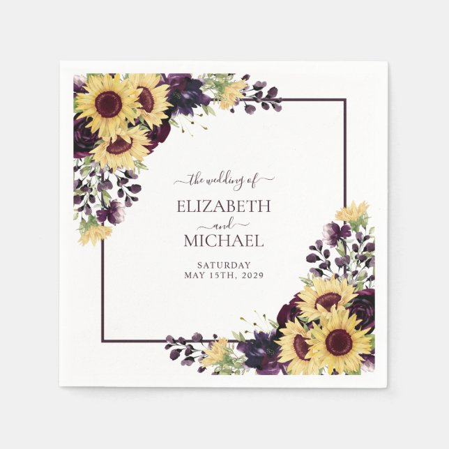 Plum Purple Sunflower Watercolor Wedding Napkins (Front)