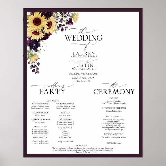 Plum Purple Sunflower Watercolor Wedding Program Poster (Front)
