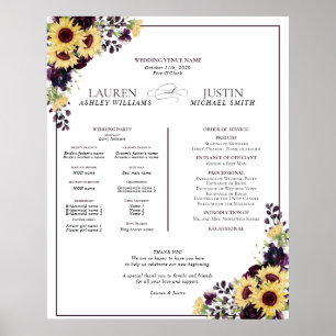 Plum Purple Sunflower Watercolor Wedding Program Poster