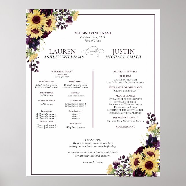Plum Purple Sunflower Watercolor Wedding Program Poster (Front)