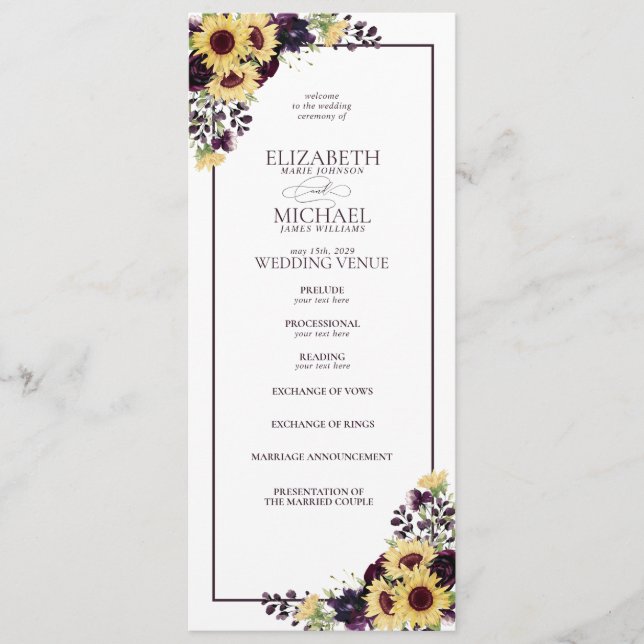 Plum Purple Sunflower Watercolor Wedding Programme (Front)