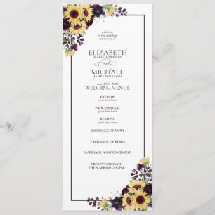 Plum Purple Sunflower Watercolor Wedding Programme