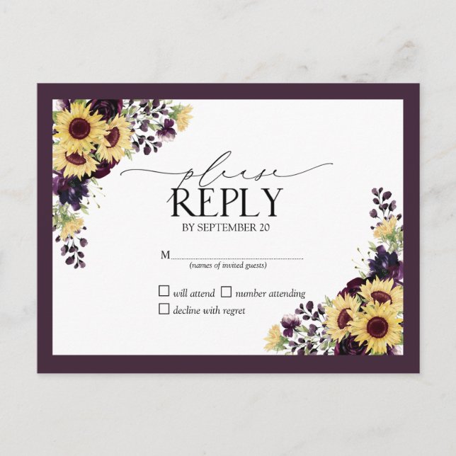 Plum Purple Sunflower Watercolor Wedding RSVP Invitation Postcard (Front)