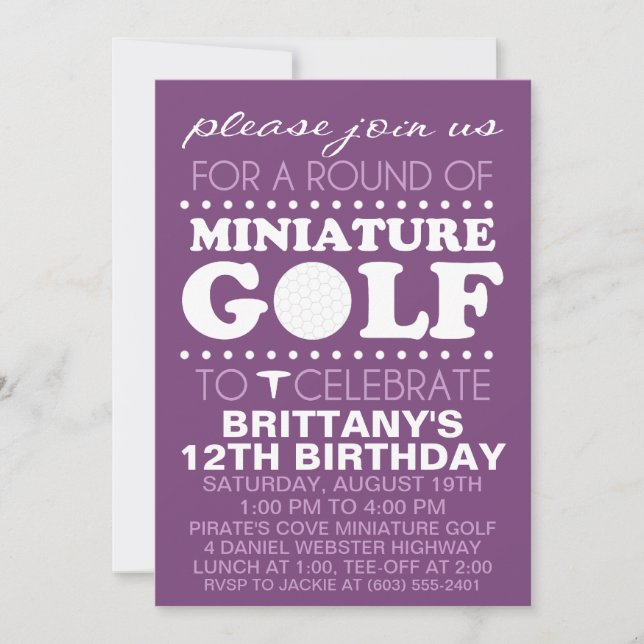 Plum Purple Tee Time Miniature Golf Birthday Party Invitation (Front)