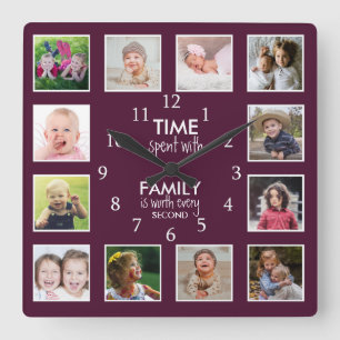 Plum Purple Time With Family Quote 12 Photo Square Wall Clock