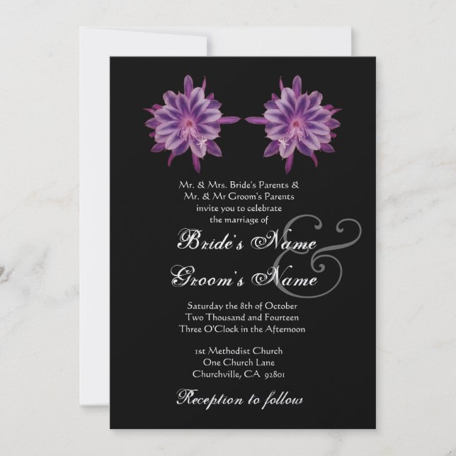 PLUM PURPLE Tropical Flowers Wedding Invitation (Front)
