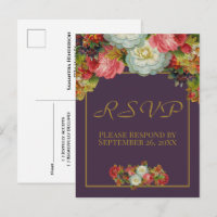 Plum Purple Vintage Autumn Floral Wedding RSVP