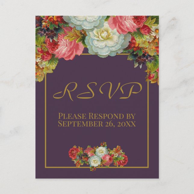 Plum Purple Vintage Autumn Floral Wedding RSVP Postcard (Front)