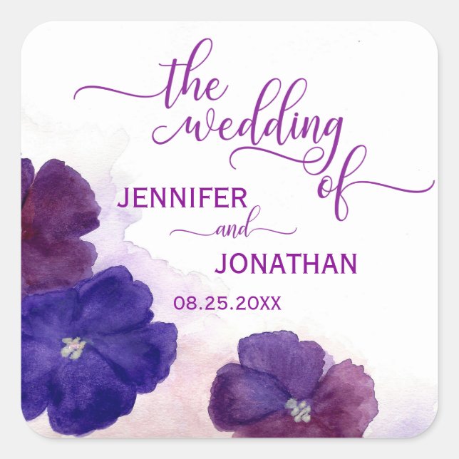 Plum Purple Violet Floral Watercolor WEDDING Square Sticker (Front)