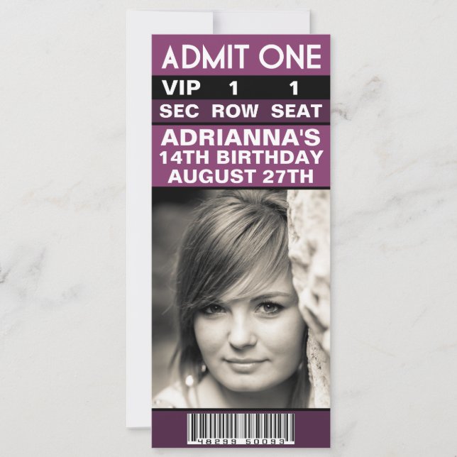 Plum Purple VIP Photo Ticket Birthday Party Invitation (Front)