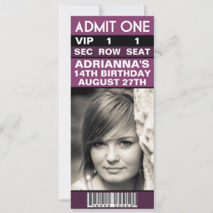 Plum Purple VIP Photo Ticket Birthday Party Invitation