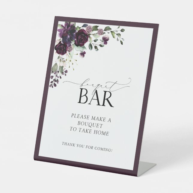 Plum Purple Watercolor Bridal Shower Bouquet Bar Pedestal Sign (Front)