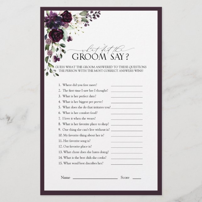 Plum Purple Watercolor Floral Bridal Shower Game (Front)