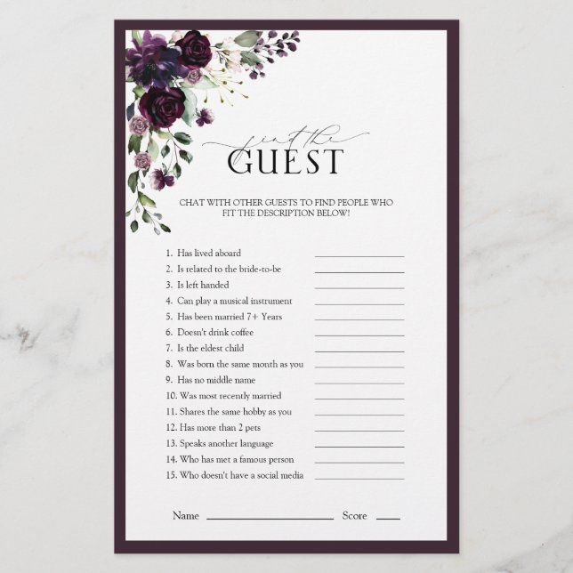 Plum Purple Watercolor Floral Bridal Shower Game (Front)