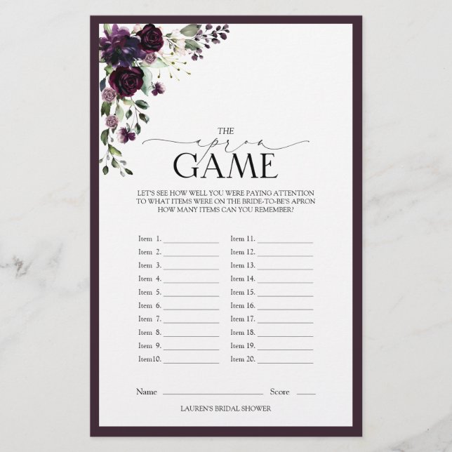 Plum Purple Watercolor Floral Bridal Shower Game (Front)