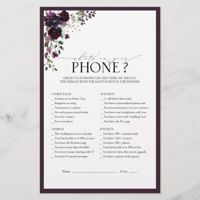 Plum Purple Watercolor Floral Bridal Shower Game (Front)