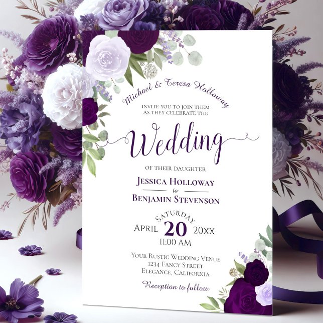 Plum Purple Watercolor Floral Formal Wedding Invitation (Creator Uploaded)