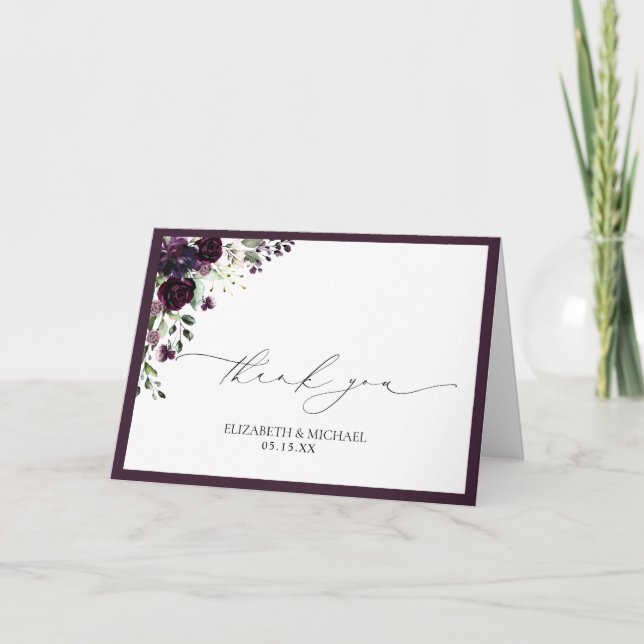 Plum Purple Watercolor Floral Wedding Thank You Card (Front)