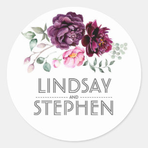 Plum Purple Watercolor Flowers Elegant Wedding Classic Round Sticker