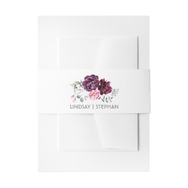 Plum Purple Watercolor Flowers Elegant Wedding Invitation Belly Band (Front Example)