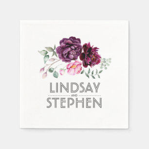 Plum Purple Watercolor Flowers Wedding Napkin