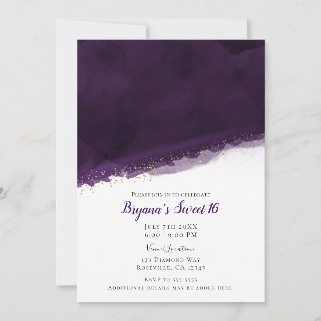 Plum Purple Watercolor & Gold Modern Chic Sweet 16 Invitation (Front)