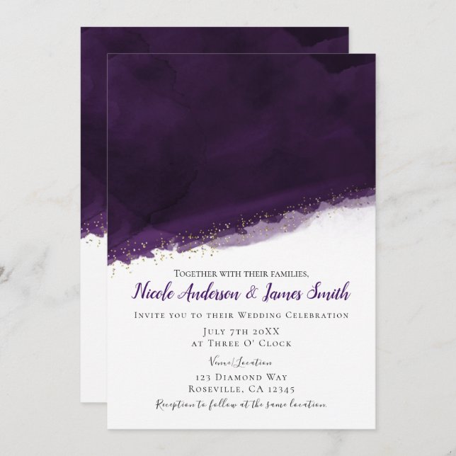 Plum Purple Watercolor & Gold Modern Chic Wedding Invitation (Front/Back)