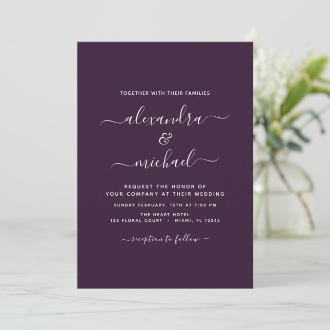 Plum Purple Wedding Modern Typography Invitation (Standing Front)