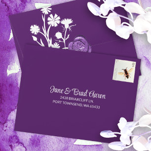 Plum Purple, White Floral Design, Pre-addressed Envelope