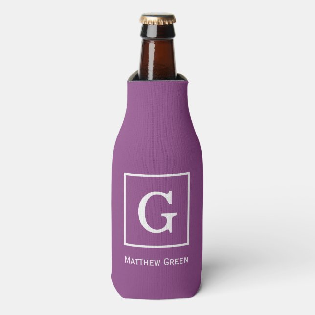 Plum Purple White Framed Initial Monogram Bottle Cooler (Bottle Front)