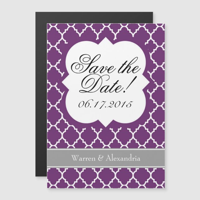Plum Purple White Quatrefoil Save The Date Magnet (Front/Back)