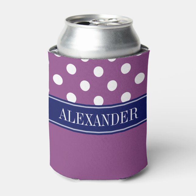 Plum Purple Wht LG Polka Dot CB Navy Name Monogram Can Cooler (Can Front)