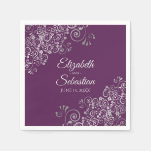 Plum Purple with Silver Frills Elegant Wedding Napkin