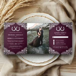 Plum Purple Wood Horseshoes Lace Wedding Photo Tri-Fold Invitation