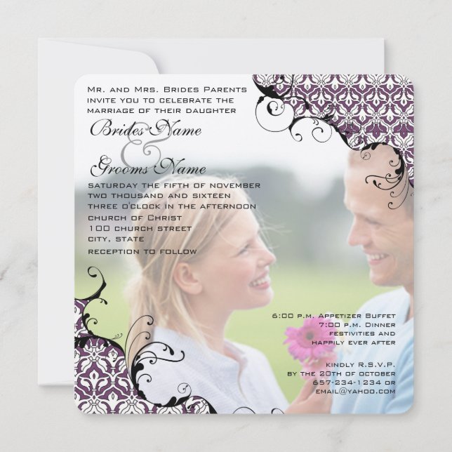 Plum Purple Your Photo Wedding I marry my Friend Invitation (Back)