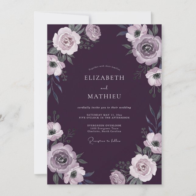 Plum Ranunculus Foliage Eucalyptus Wedding Invitation (Front)