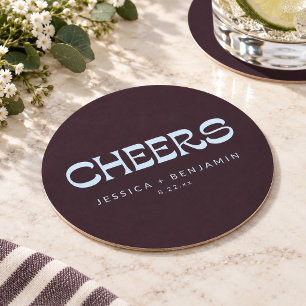 Plum Retro Cheers Wedding Reception Cocktail Hour Round Paper Coaster