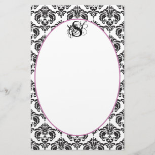 Plum Ribbon Black Damask Monogram Recycled Paper