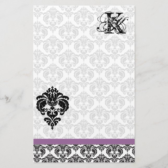 Plum Ribbon Black Damask Monogram Recycled Paper (Front)