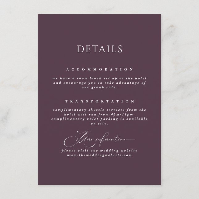 Plum Romantic Calligraphy Wedding Details  Enclosure Card (Front)