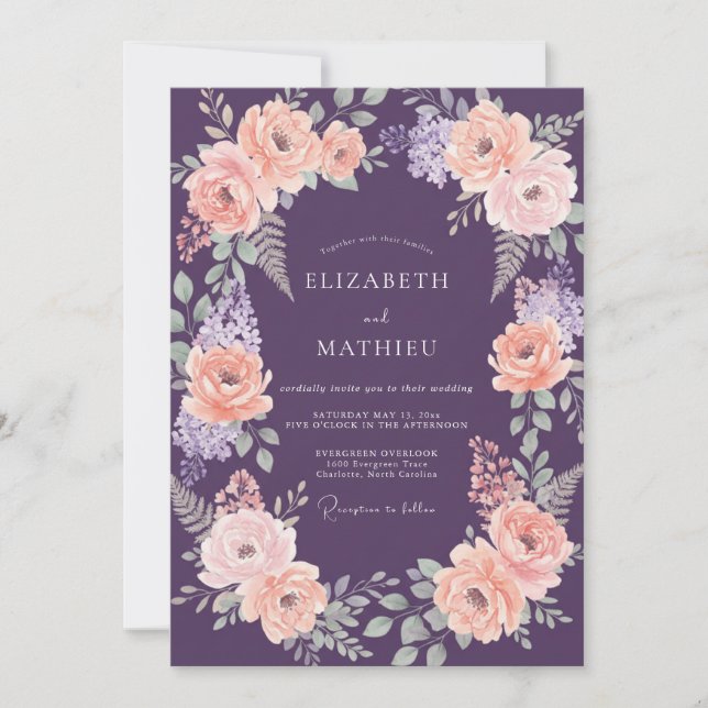 Plum Romantic Floral Wreath Wedding Invitation (Front)