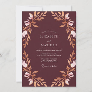 Plum Rose Copper Leafy Wedding Invitation