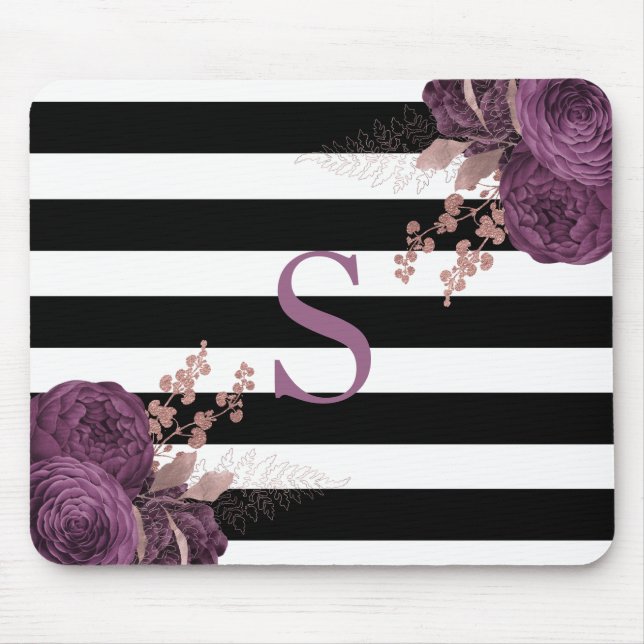 Plum Rose Gold Floral Monogram Black White Stripes Mouse Mat (Front)