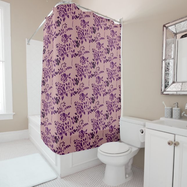 Plum Rosebud Stencil Floral Art Shower Curtain (In Situ)