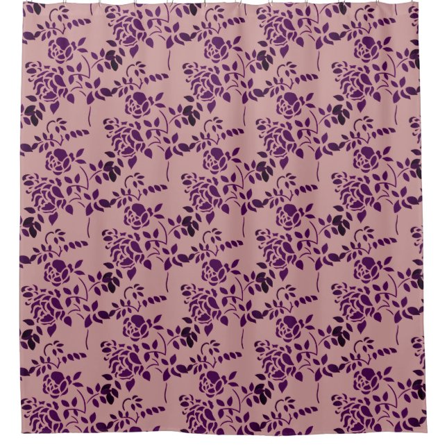 Plum Rosebud Stencil Floral Art Shower Curtain (Front)