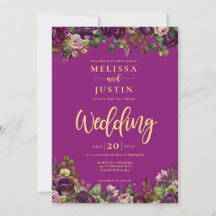 Plum Roses and Green Elegant Wedding Invitation