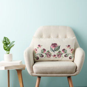Plum Roses on Paintbrush Ivory  Lumbar Cushion