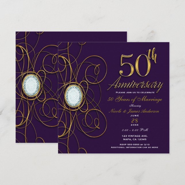 Plum Royal Purple Gold Diamond 50 50th Anniversary Invitation (Front/Back)