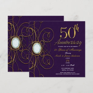 Plum Royal Purple Gold Diamond 50 50th Anniversary Invitation